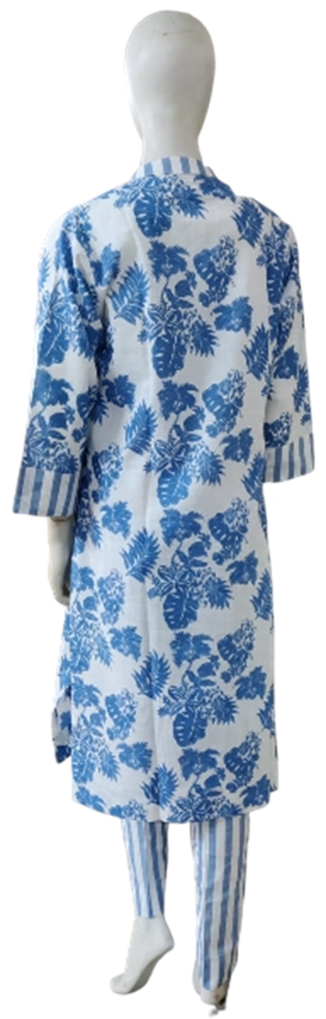 Blue Floral Print with Stripes Cotton Co-ord Set