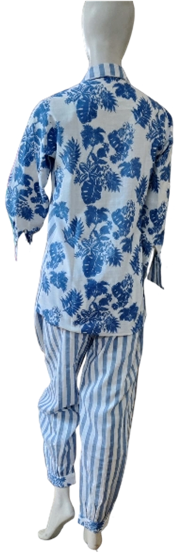 Blue Floral Print/Striped Cotton Co-ord Set