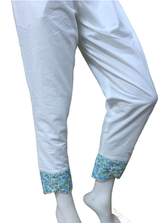 White Floral Printed Mercerized Cotton Pajama