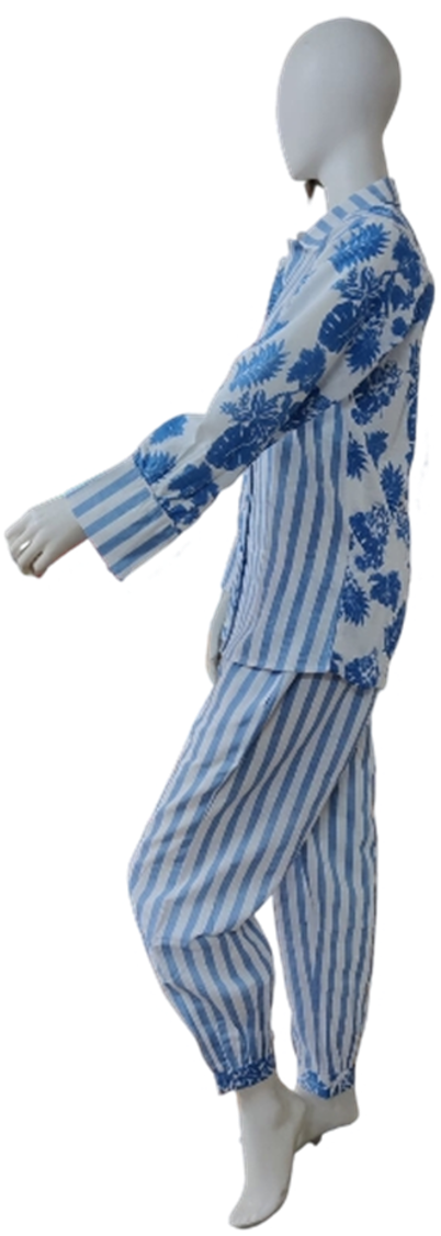 Blue Floral Print/Striped Cotton Co-ord Set