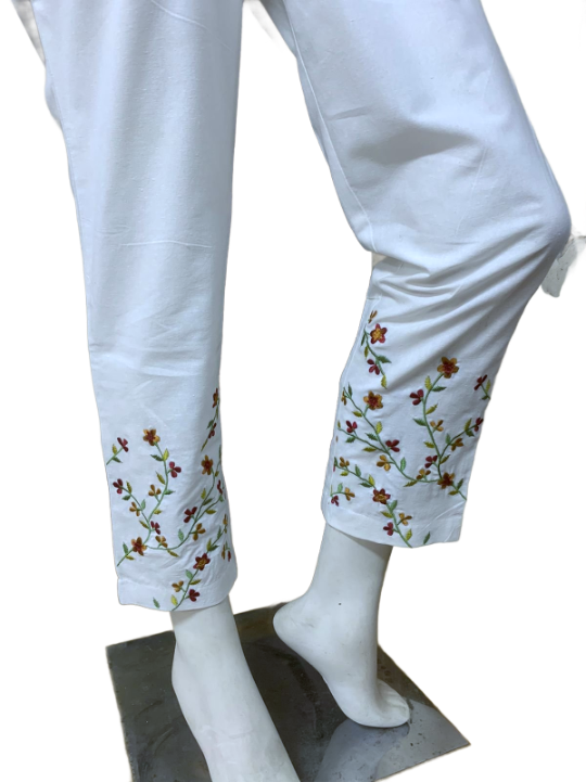 White Floral Embroidered Mercerized Cotton Pajama