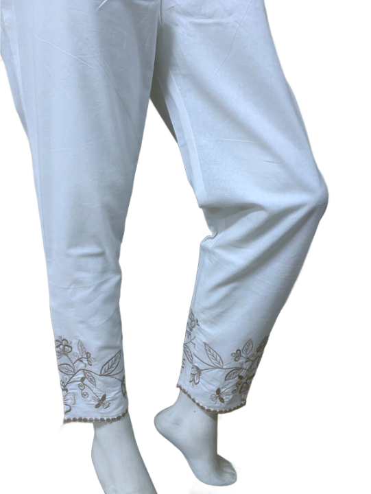 White Floral Embroidered Mercerized Cotton Pajama