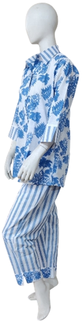 Blue Floral Print Cotton Co-ord Set with Stripes
