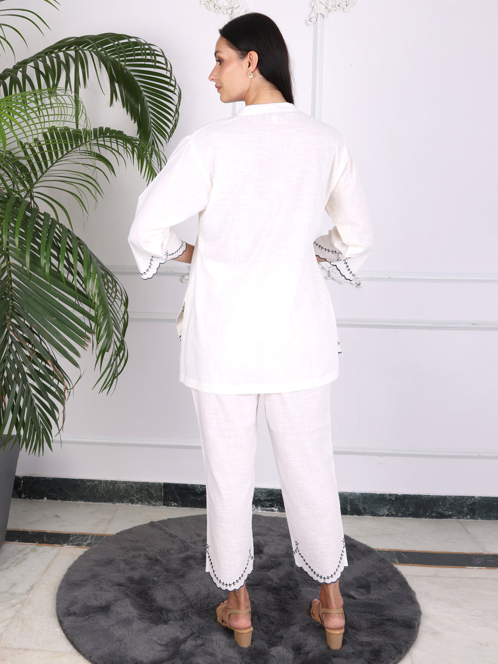 Embroidered Plain White Cotton Co-ord Set