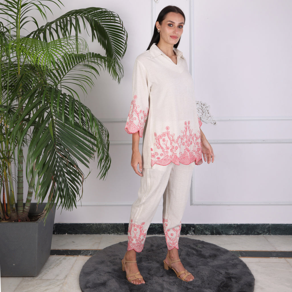 Ivory Embroidered Co-ord Set with Scalloped Hem – Soft Pink Detailing