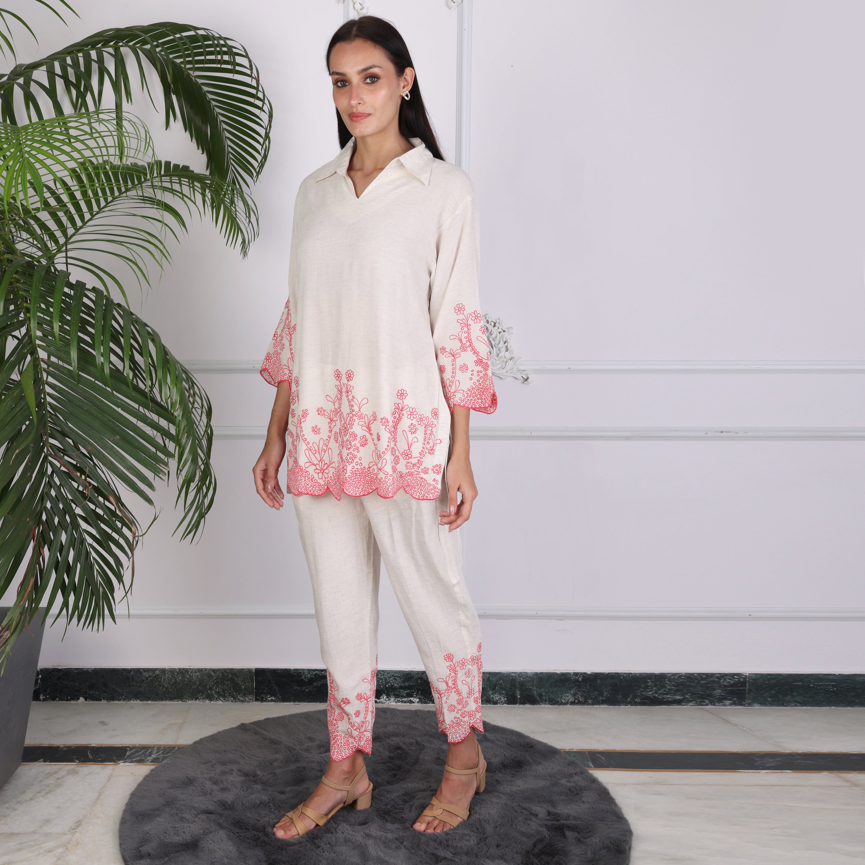 Ivory Embroidered Co-ord Set with Scalloped Hem – Soft Pink Detailing
