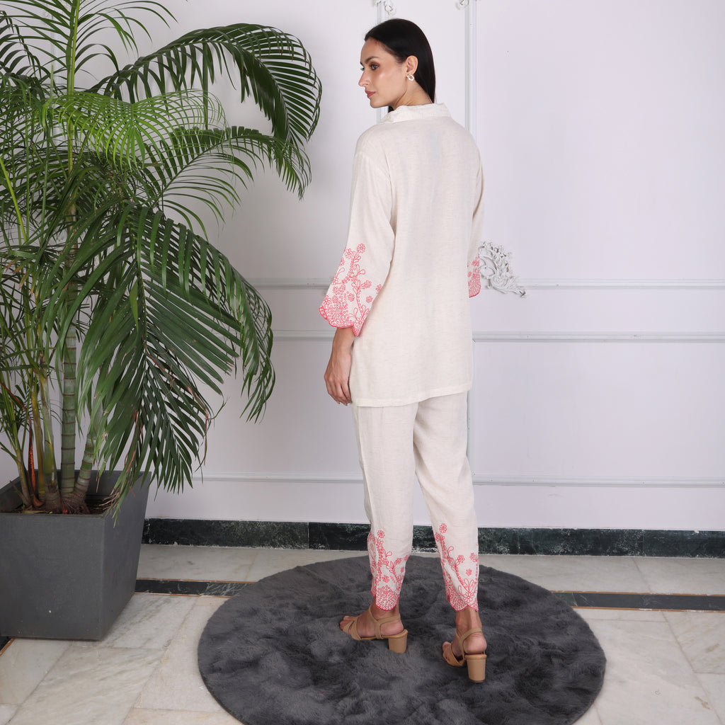 Ivory Embroidered Co-ord Set with Scalloped Hem – Soft Pink Detailing