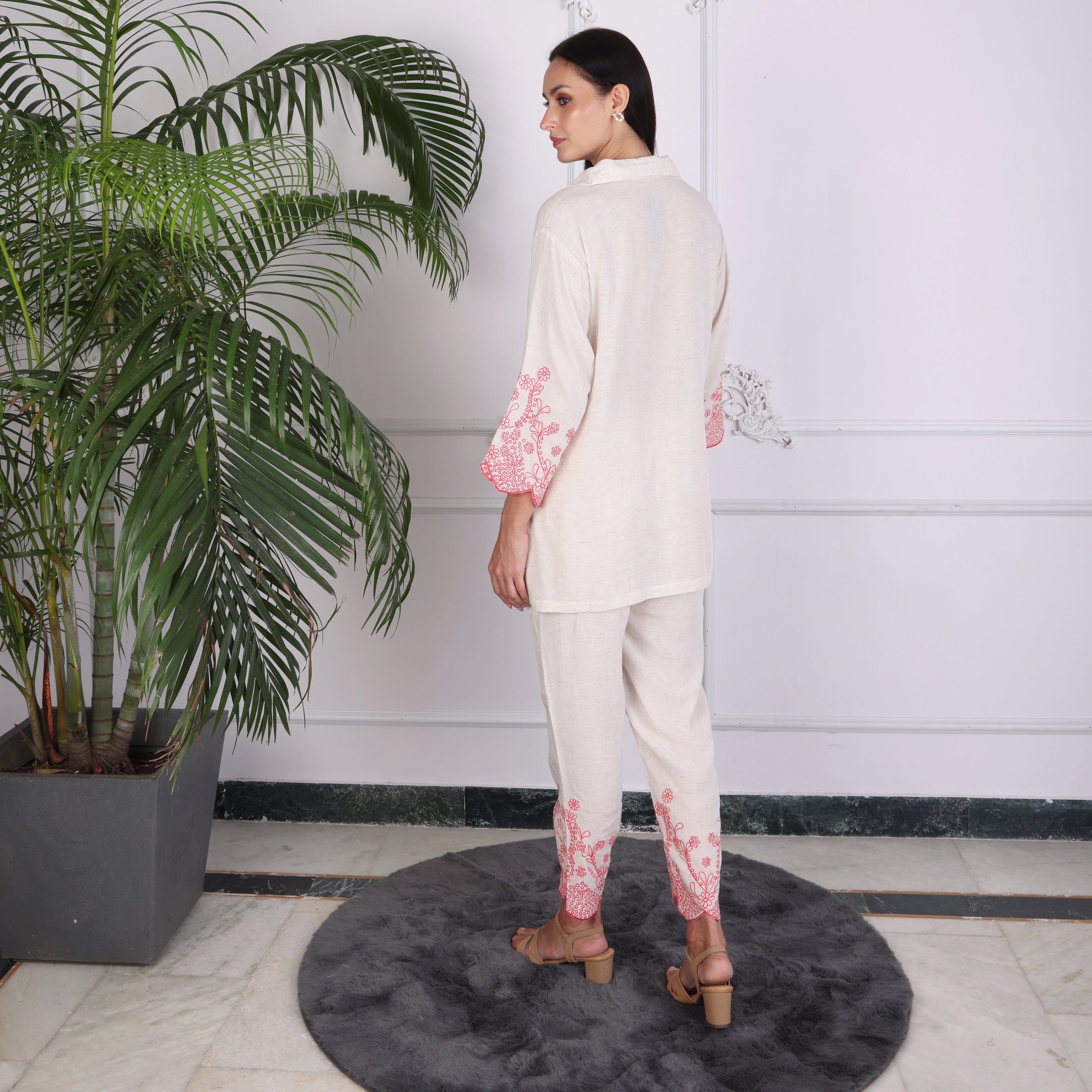 Ivory Embroidered Co-ord Set with Scalloped Hem – Soft Pink Detailing