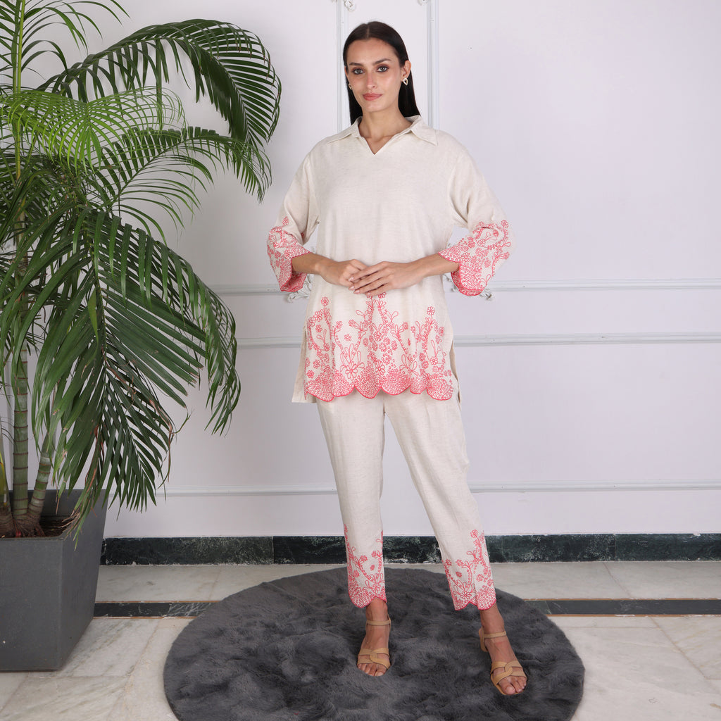Ivory Embroidered Co-ord Set with Scalloped Hem – Soft Pink Detailing