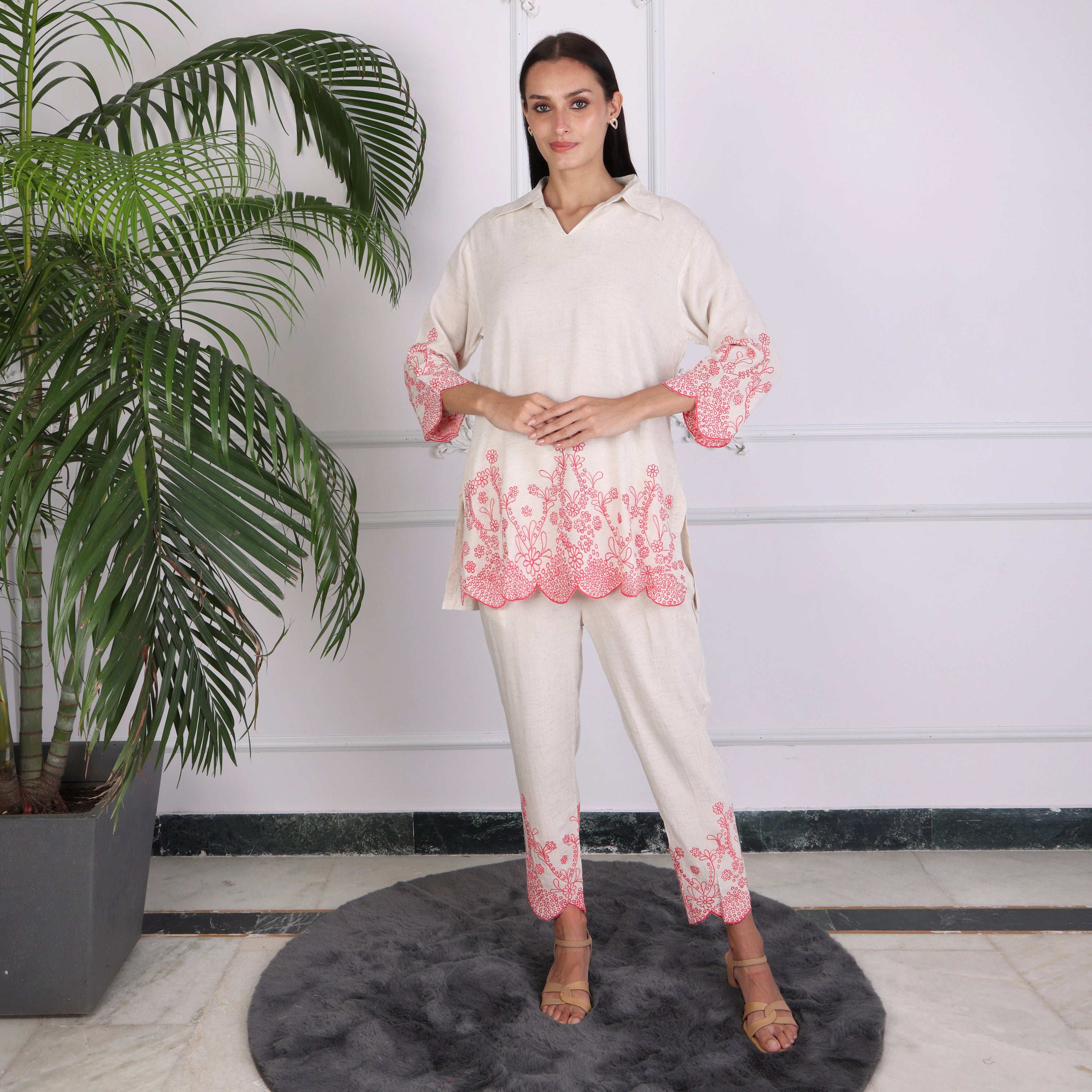 Ivory Embroidered Co-ord Set with Scalloped Hem – Soft Pink Detailing