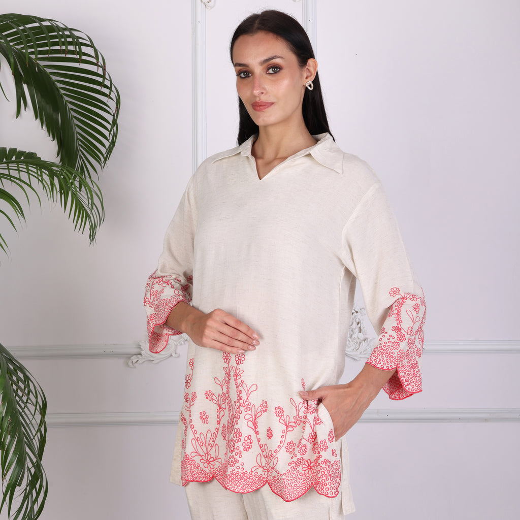 Ivory Embroidered Co-ord Set with Scalloped Hem – Soft Pink Detailing