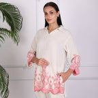Ivory Embroidered Co-ord Set with Scalloped Hem – Soft Pink Detailing