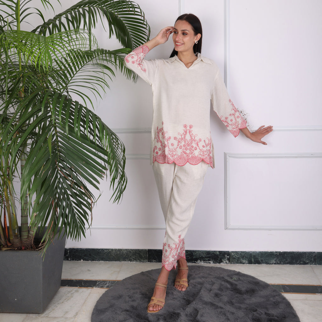 Ivory Embroidered Co-ord Set with Scalloped Hem – Soft Pink Detailing