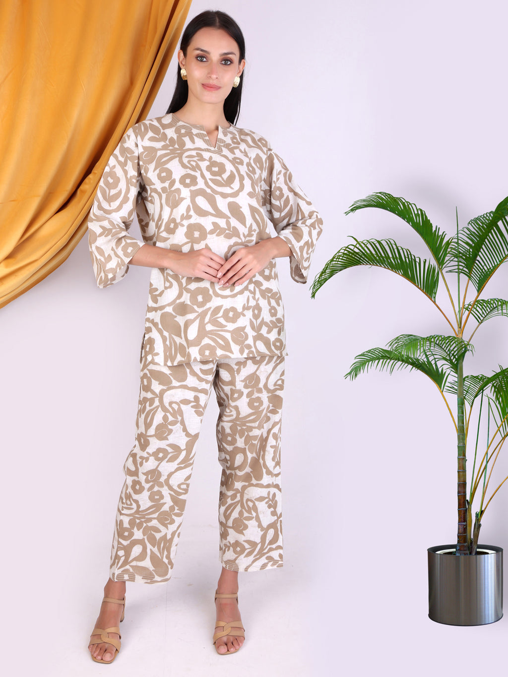 Beige Printed Floral Cotton Co-ord Set