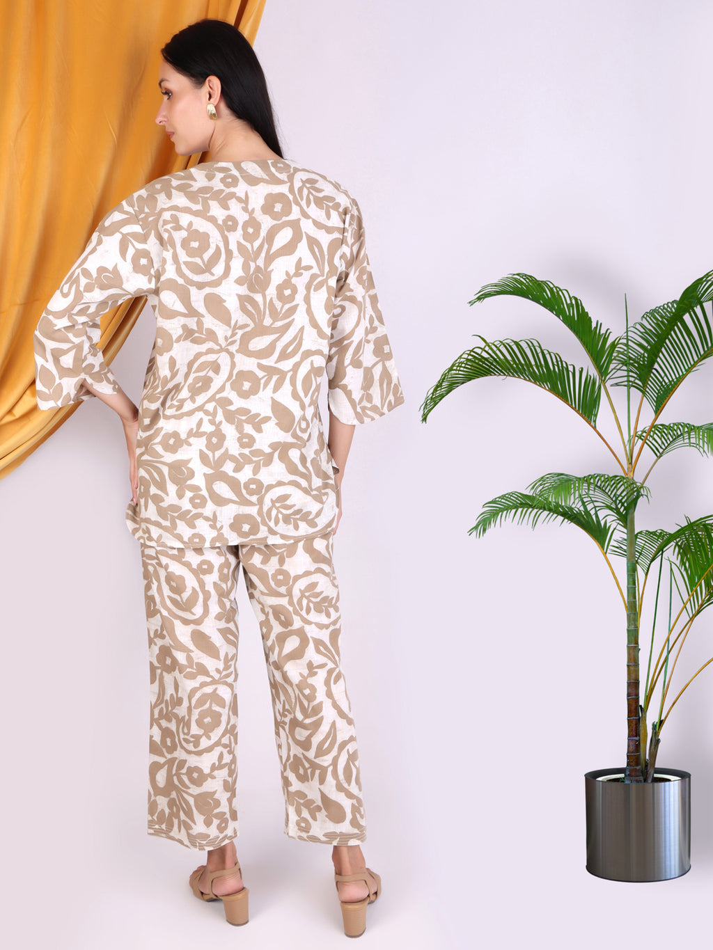 Beige Printed Floral Cotton Co-ord Set