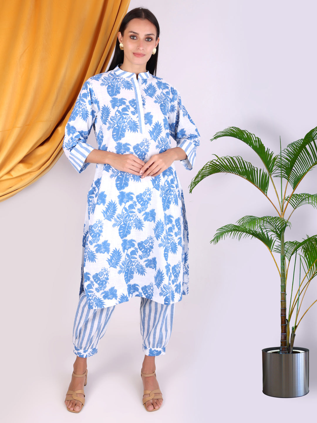 Blue Floral Print with Stripes Cotton Co-ord Set