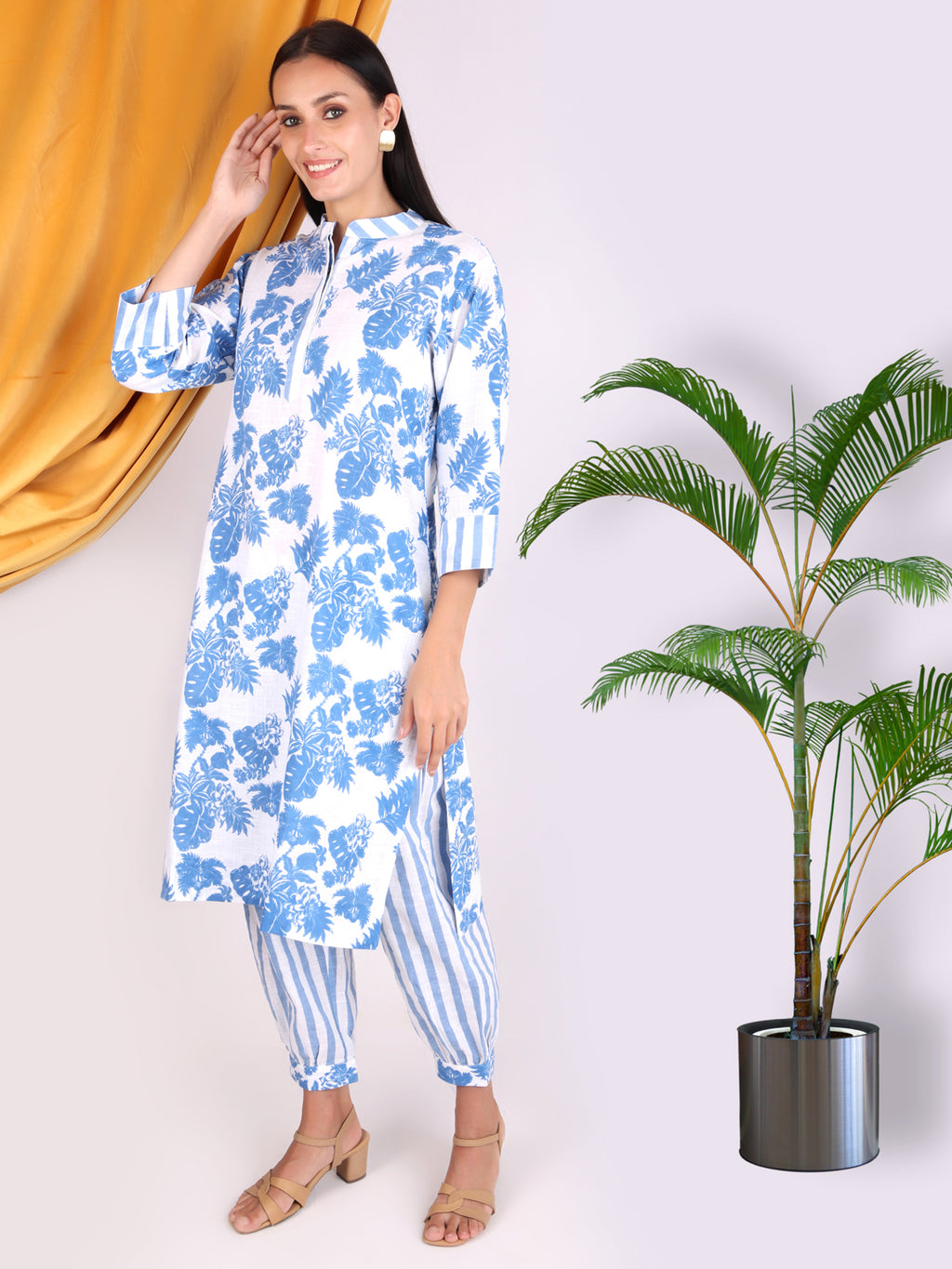 Blue Floral Print with Stripes Cotton Co-ord Set