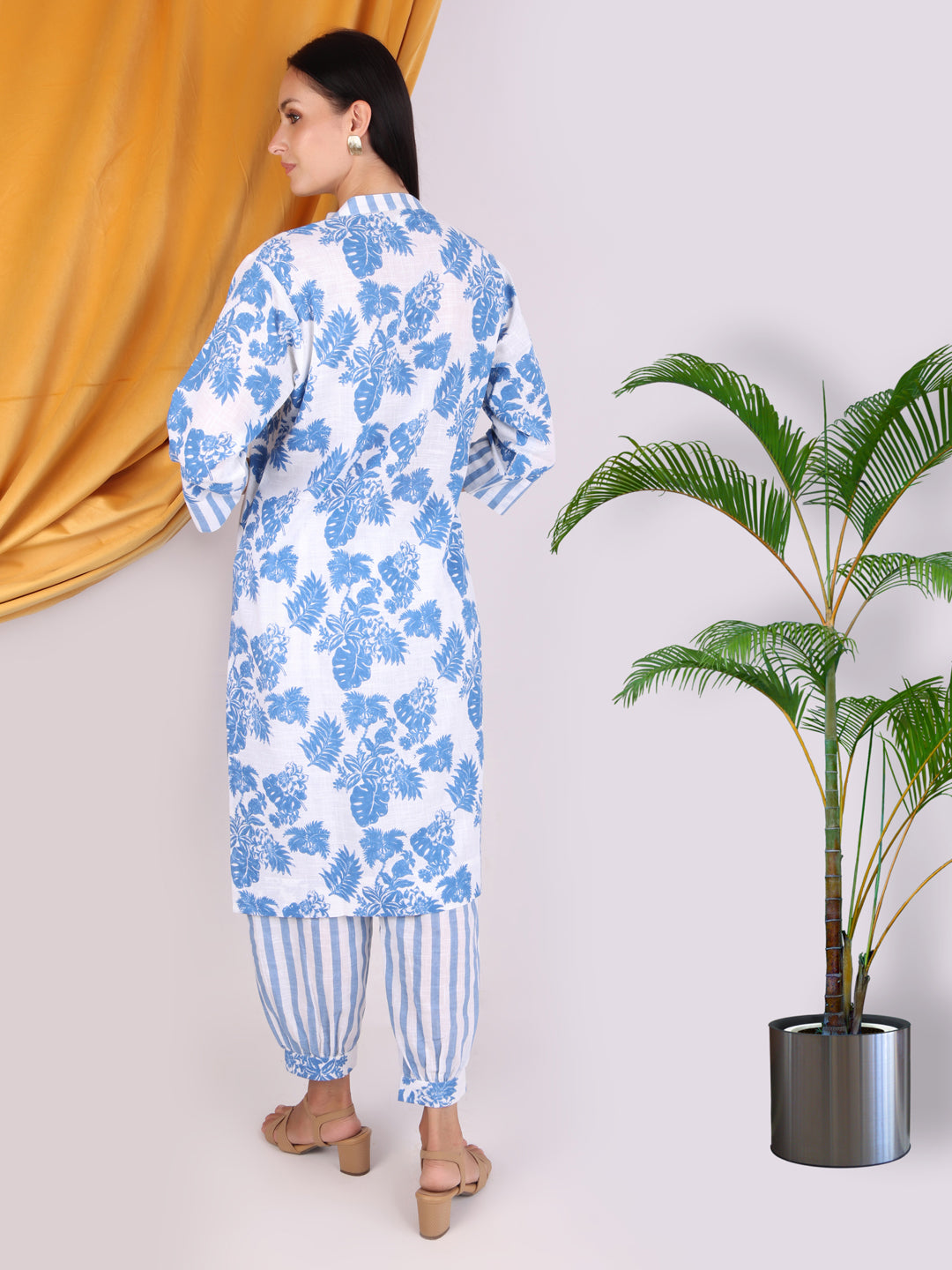 Blue Floral Print with Stripes Cotton Co-ord Set