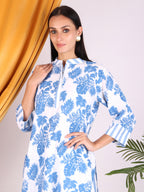 Blue Floral Print with Stripes Cotton Co-ord Set