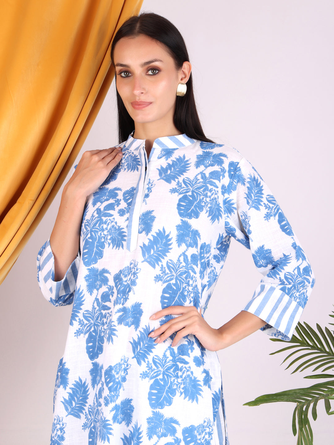 Blue Floral Print with Stripes Cotton Co-ord Set