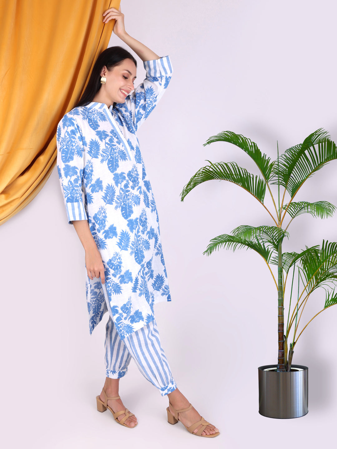 Blue Floral Print with Stripes Cotton Co-ord Set