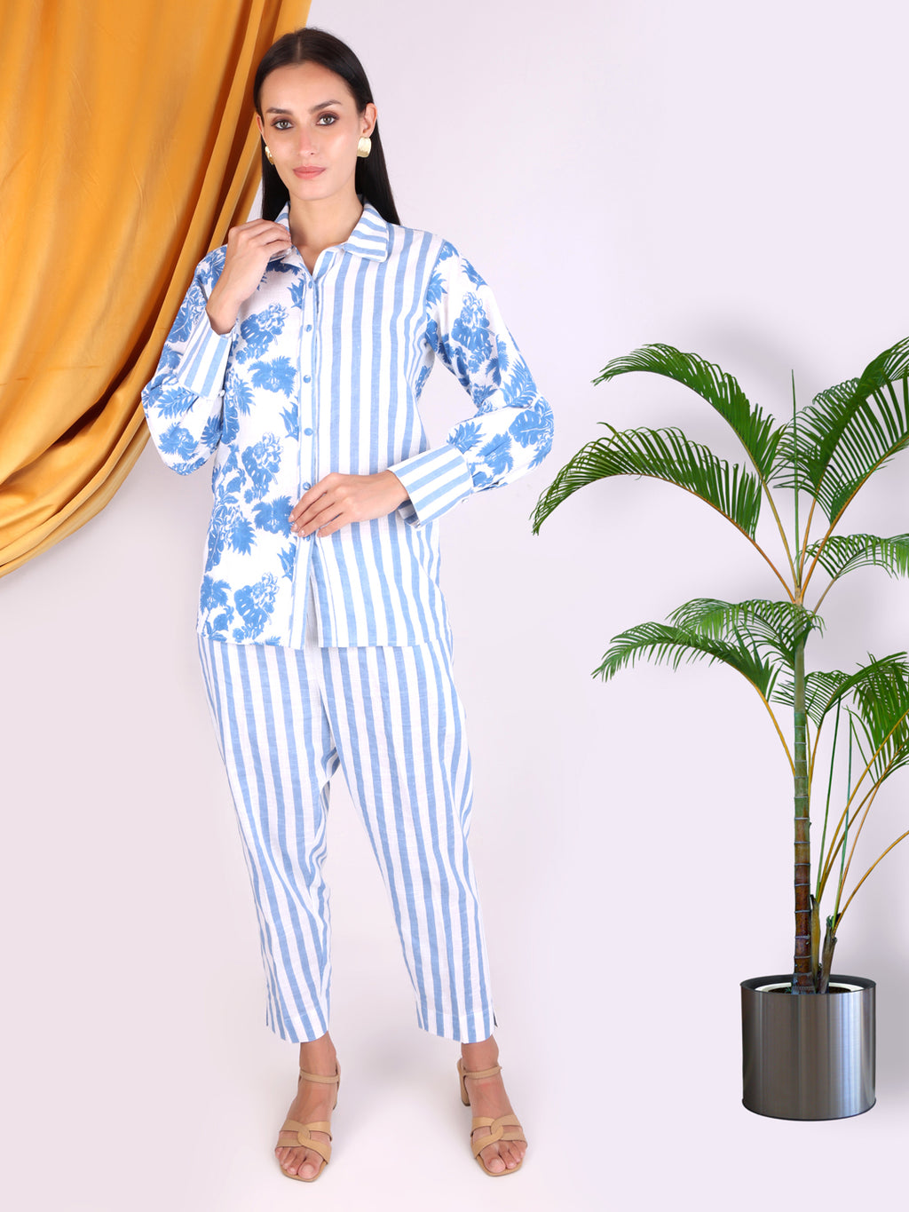 Blue Floral Print/Striped Cotton Co-ord Set