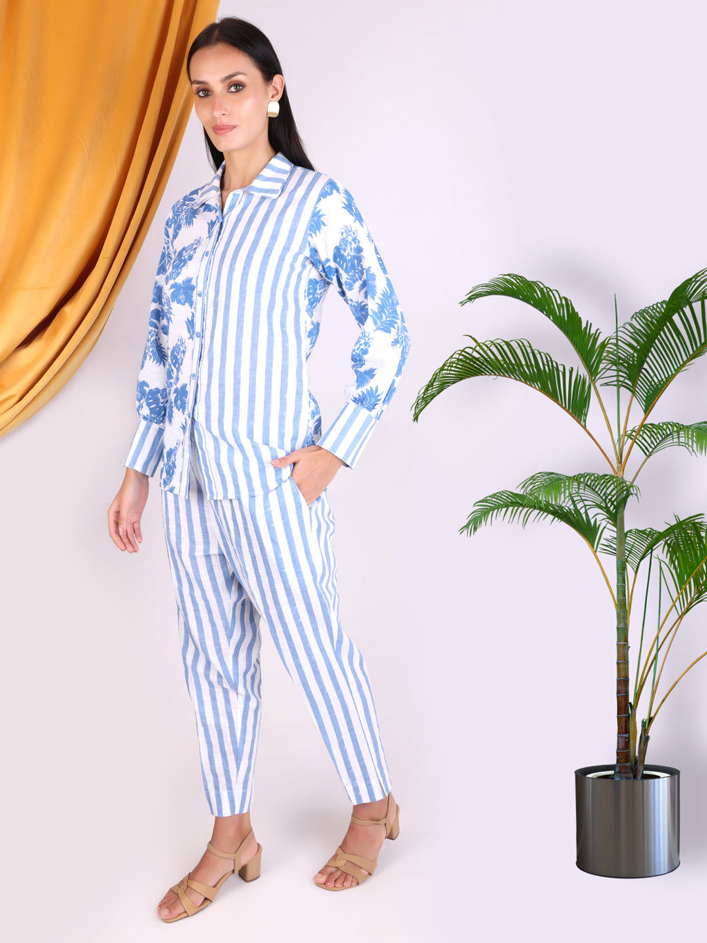 Blue Floral Print/Striped Cotton Co-ord Set