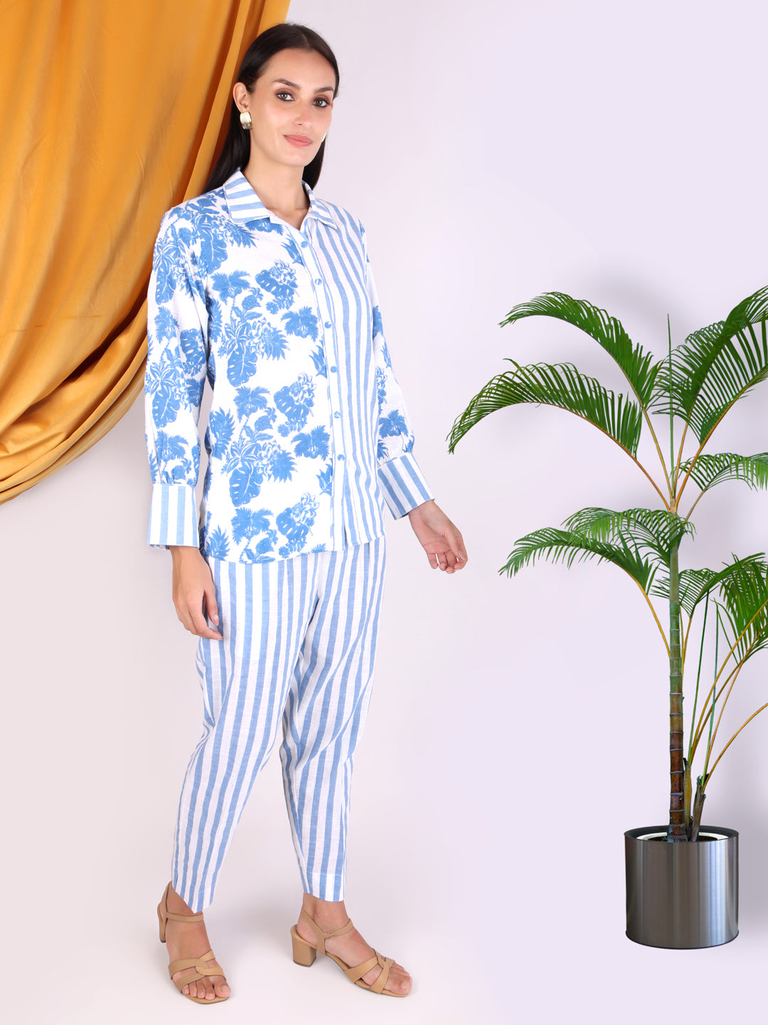 Blue Floral Print/Striped Cotton Co-ord Set