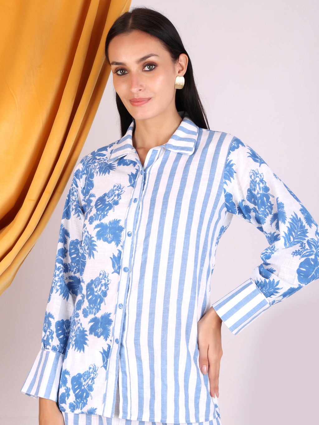 Blue Floral Print/Striped Cotton Co-ord Set