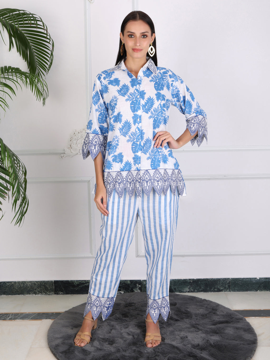 Blue Floral Print Cotton Co-ord Set with Embroidery