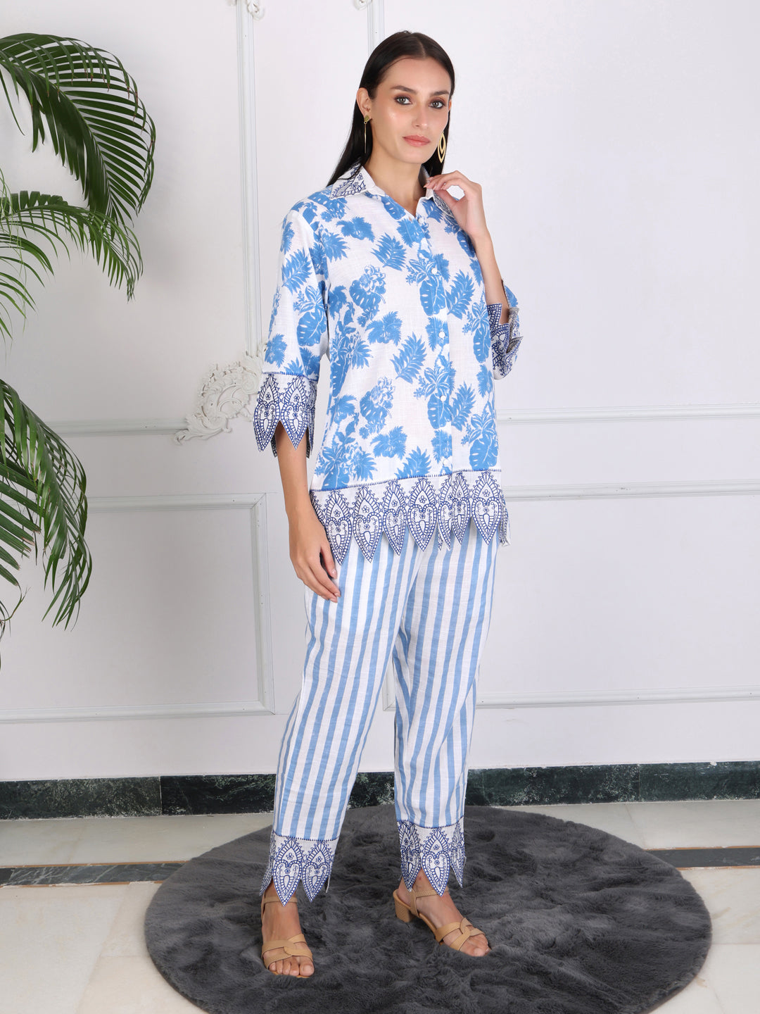 Blue Floral Print Cotton Co-ord Set with Embroidery