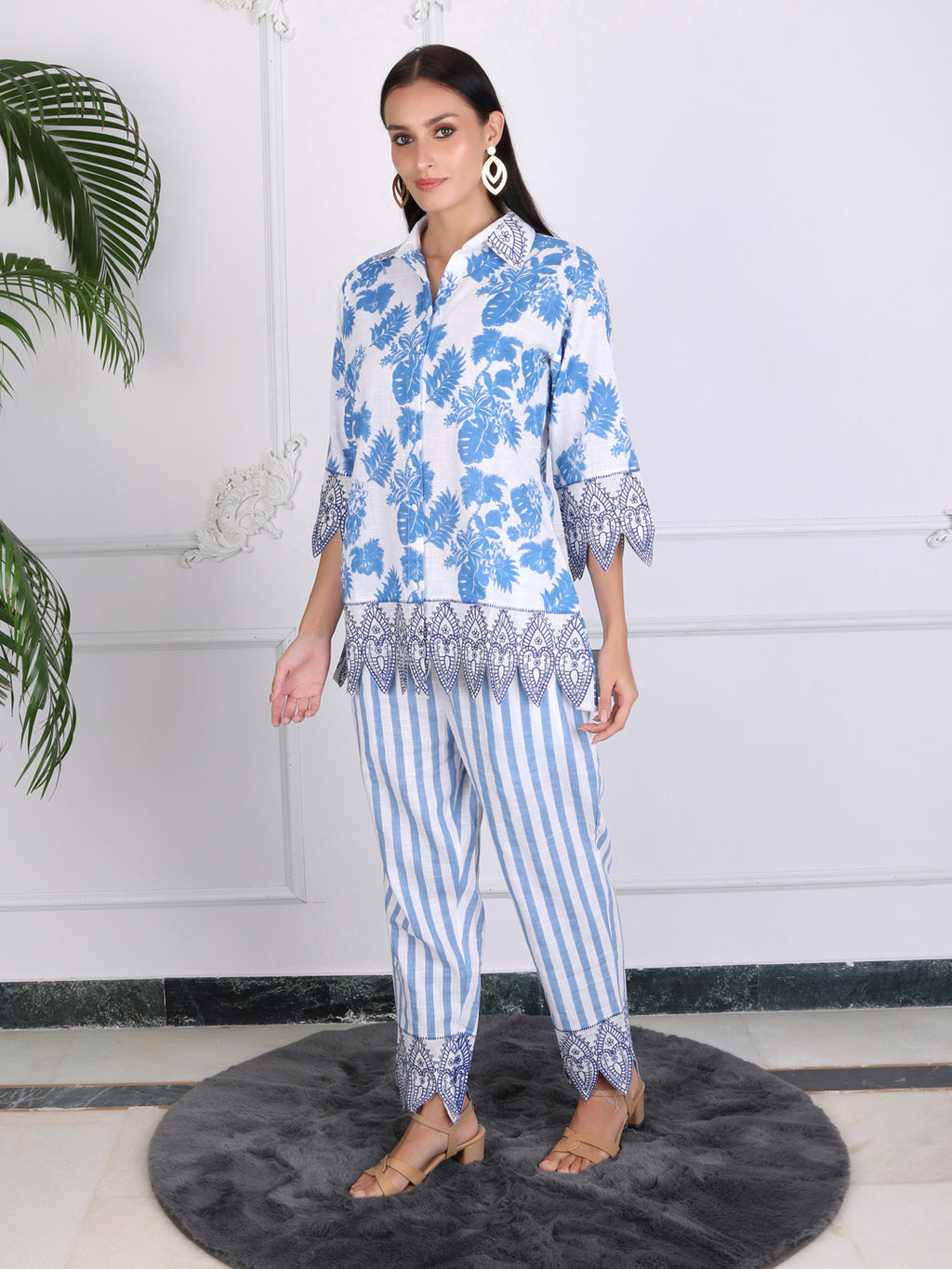 Blue Floral Print Cotton Co-ord Set with Embroidery