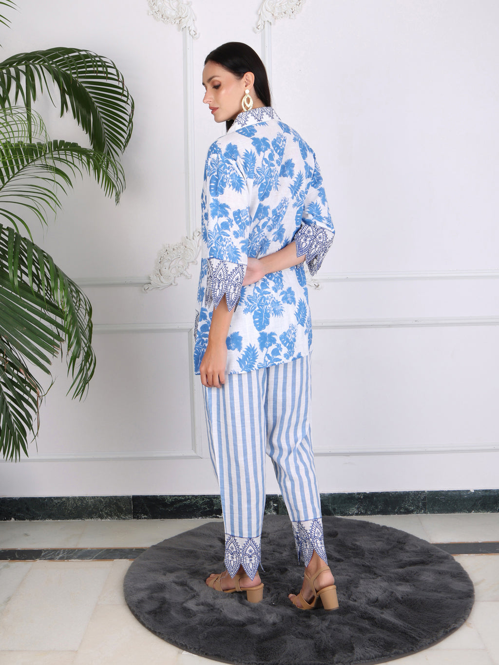 Blue Floral Print Cotton Co-ord Set with Embroidery