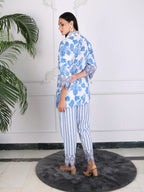 Blue Floral Print Cotton Co-ord Set with Embroidery