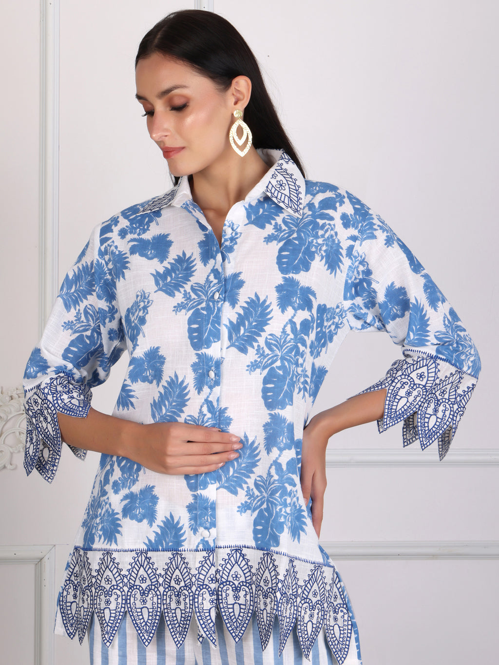 Blue Floral Print Cotton Co-ord Set with Embroidery