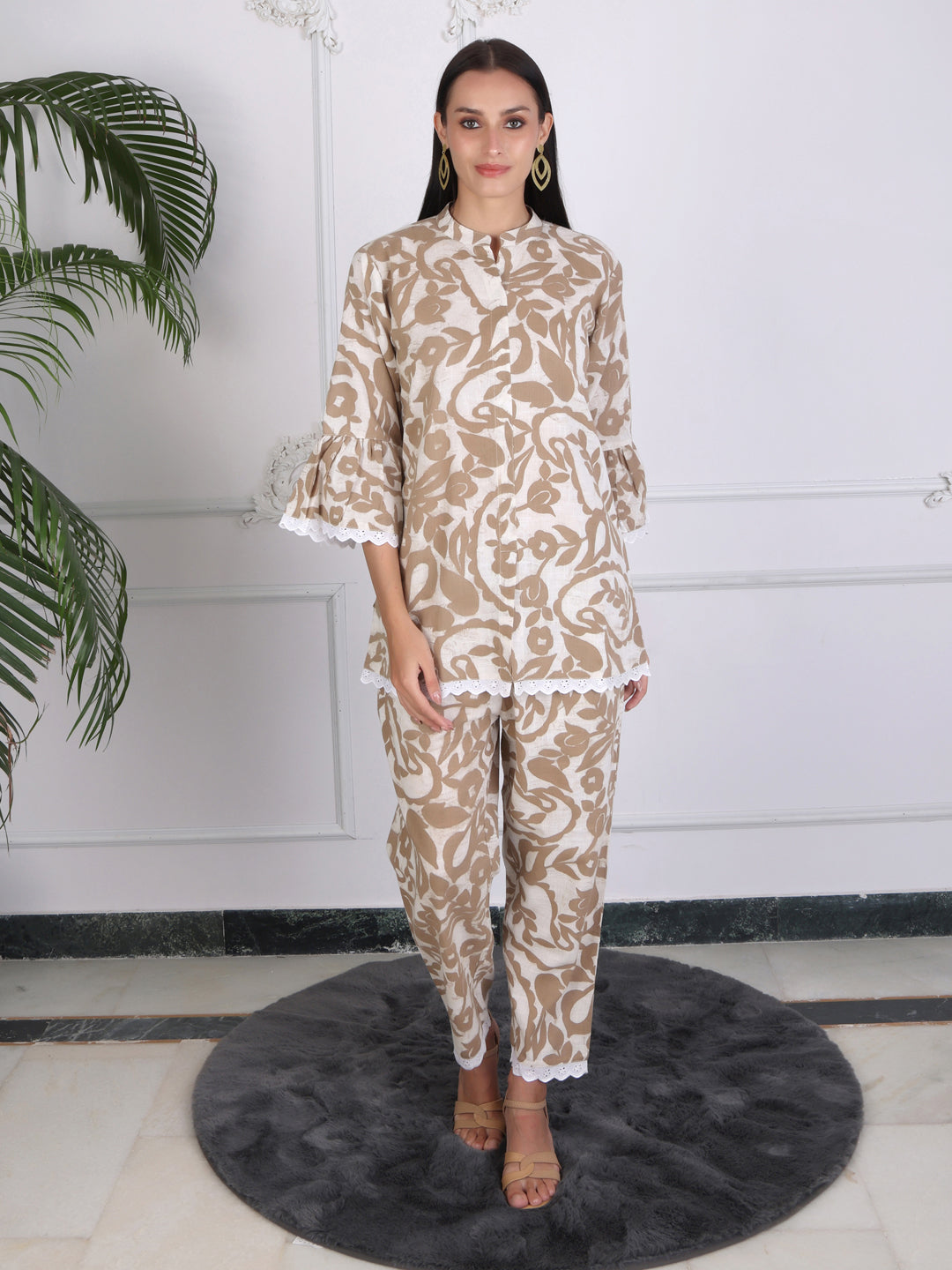 Beige Floral Printed Cotton Co-ord Set