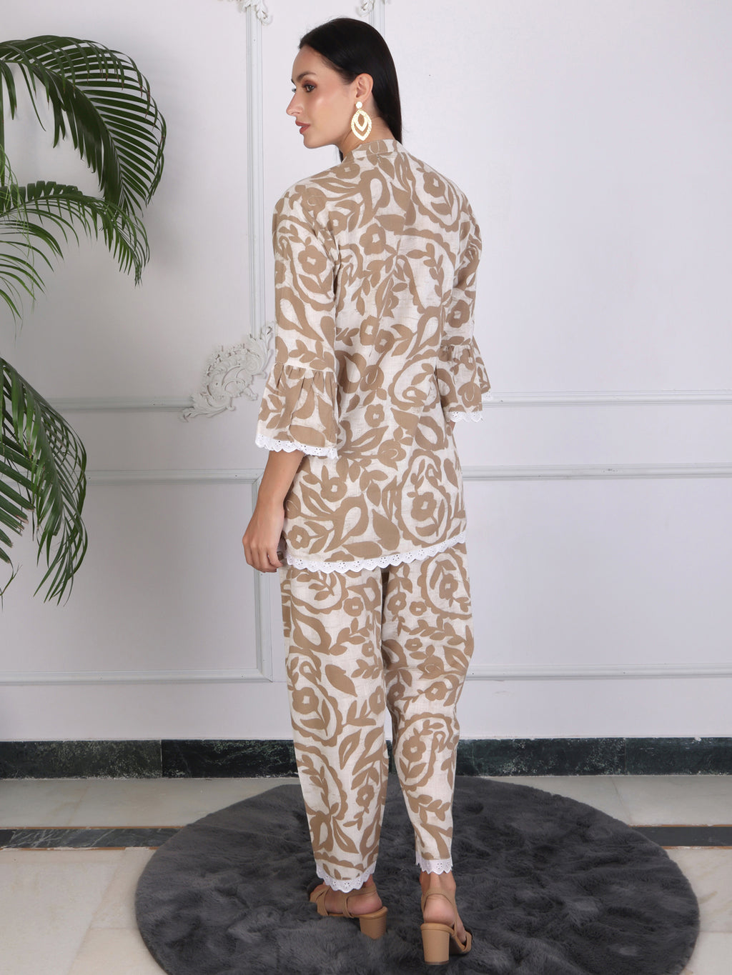 Beige Floral Printed Cotton Co-ord Set