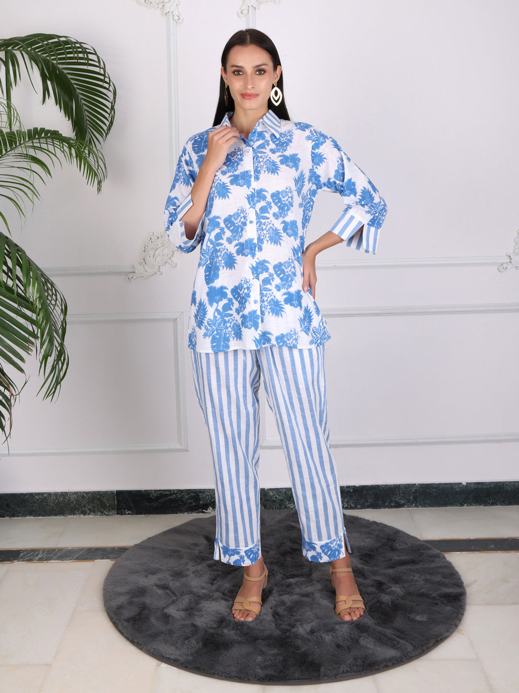 Blue Floral Print Cotton Co-ord Set with Stripes