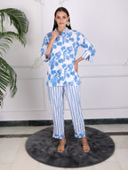 Blue Floral Print Cotton Co-ord Set with Stripes