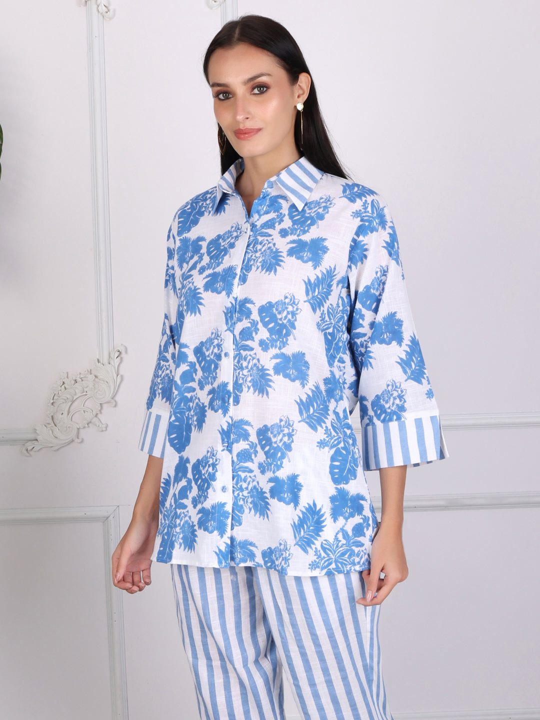 Blue Floral Print Cotton Co-ord Set with Stripes