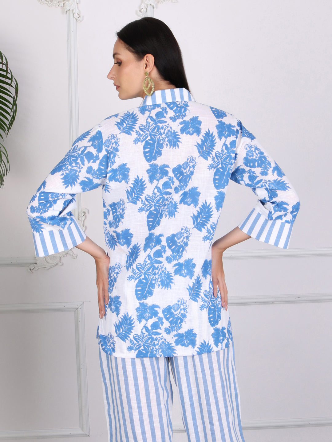 Blue Floral Print Cotton Co-ord Set with Stripes