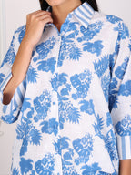 Blue Floral Print Cotton Co-ord Set with Stripes