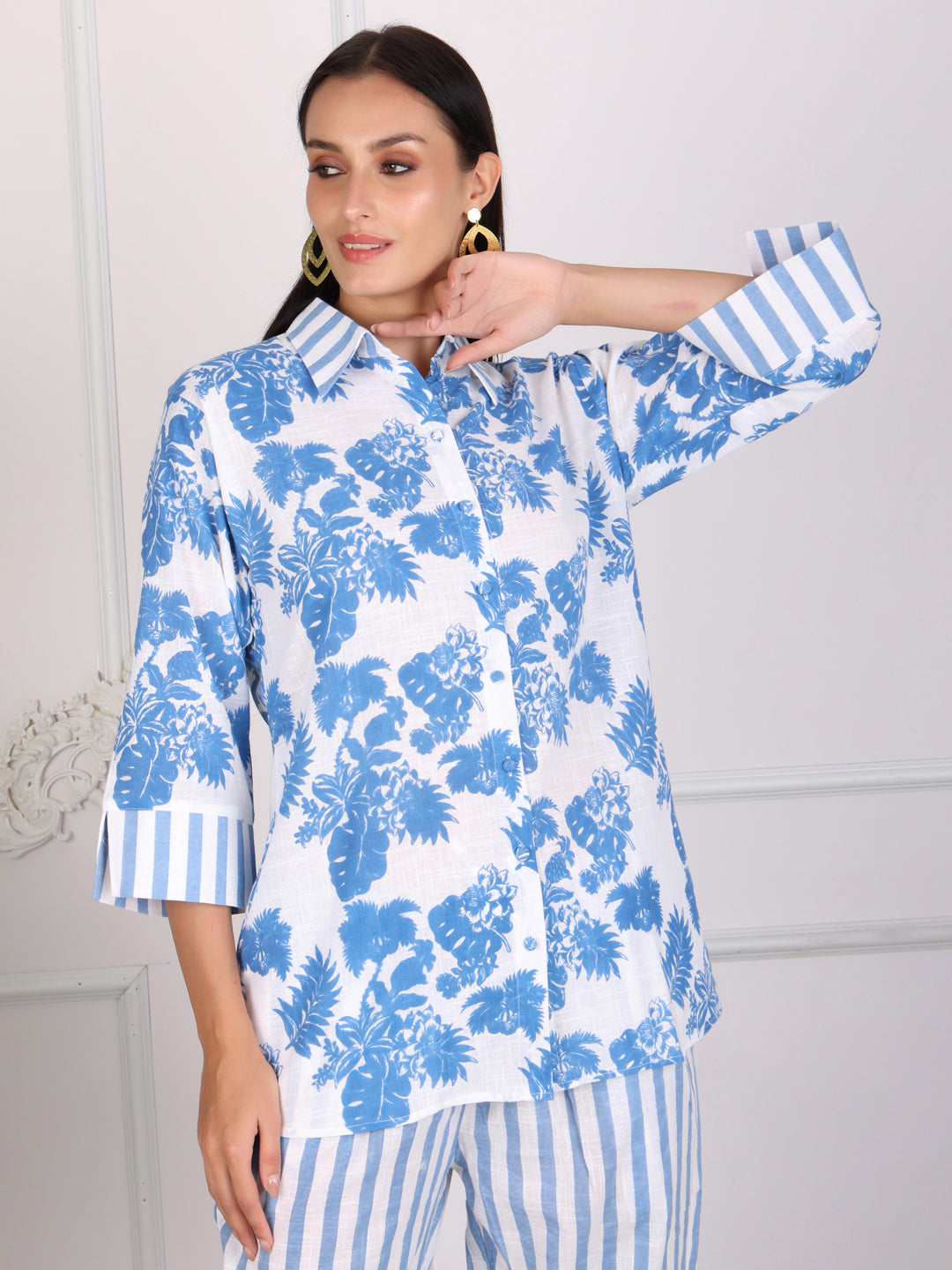 Blue Floral Print Cotton Co-ord Set with Stripes