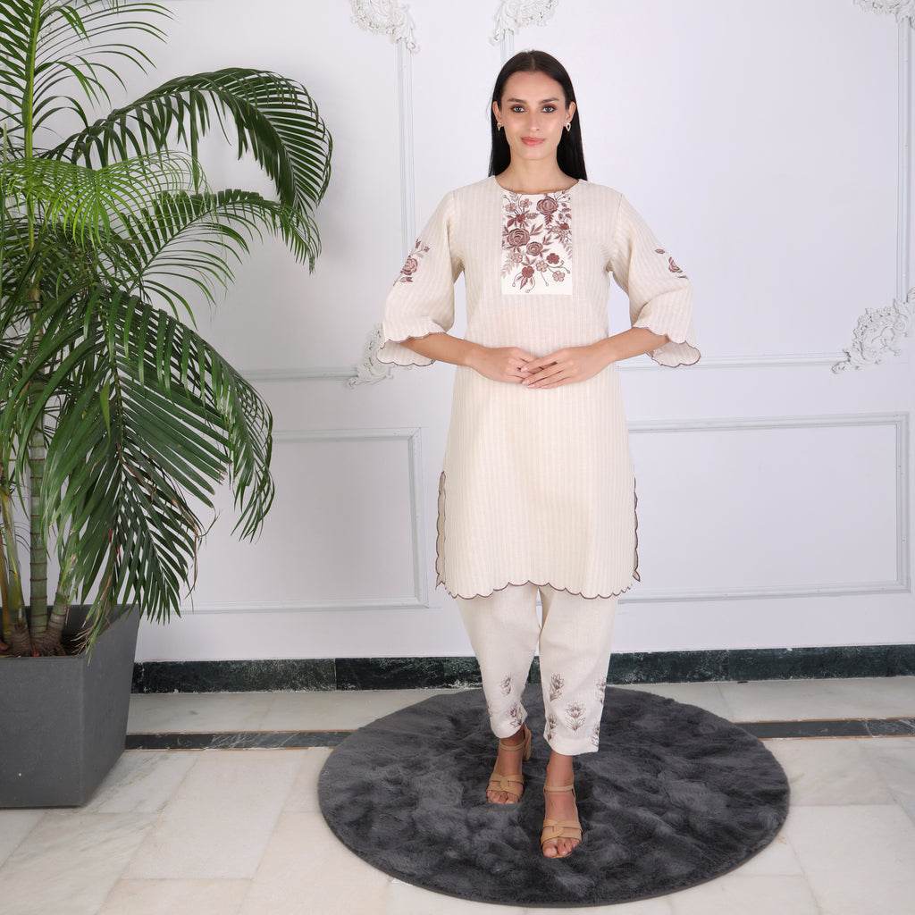 Elegant Beige Embroidered Kurta Set for Women