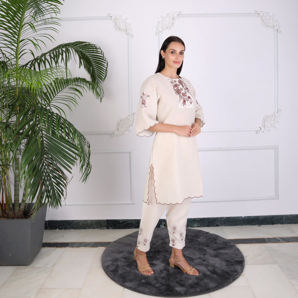 Elegant Beige Embroidered Kurta Set for Women