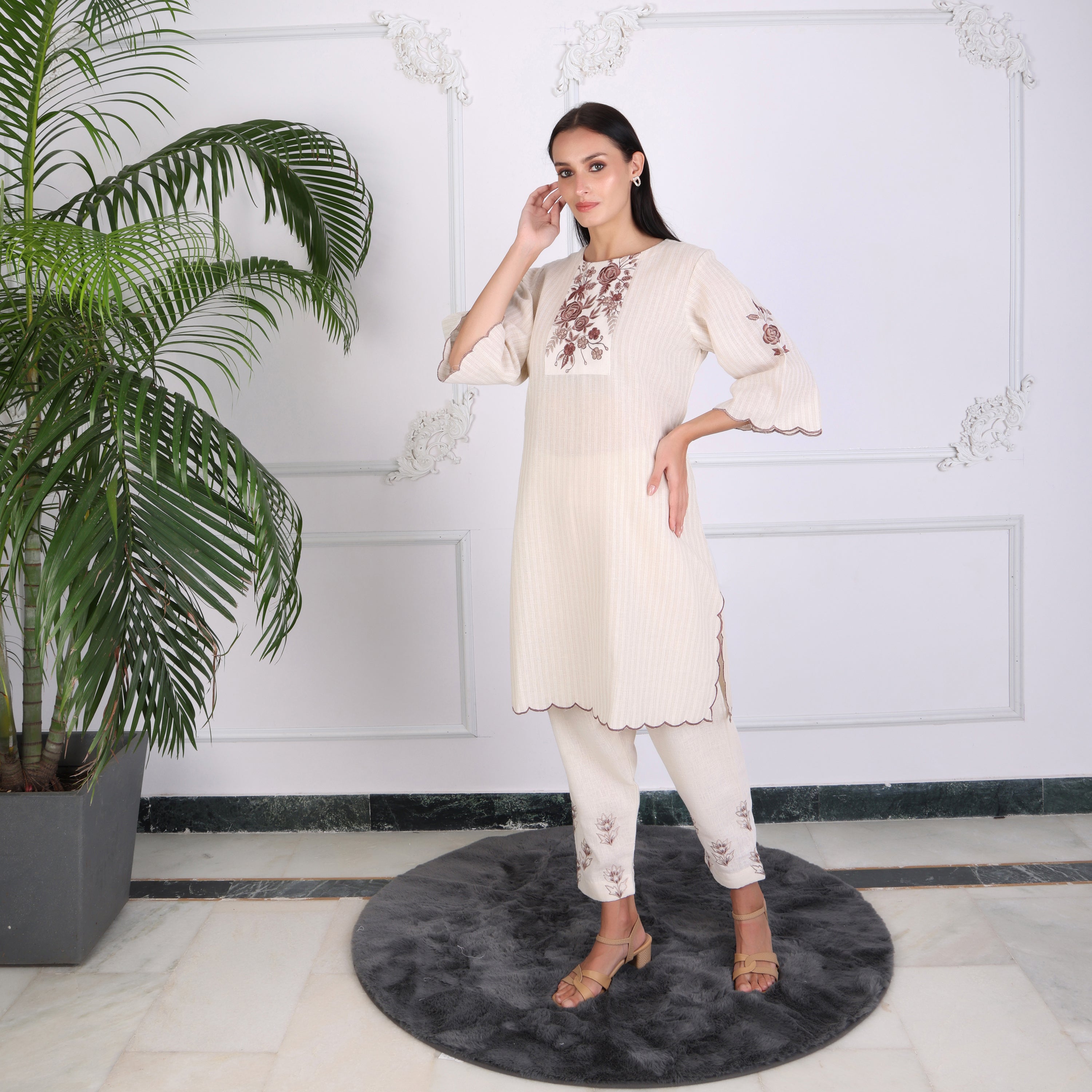 Elegant Beige Embroidered Kurta Set for Women
