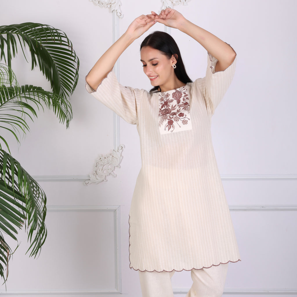Elegant Beige Embroidered Kurta Set for Women