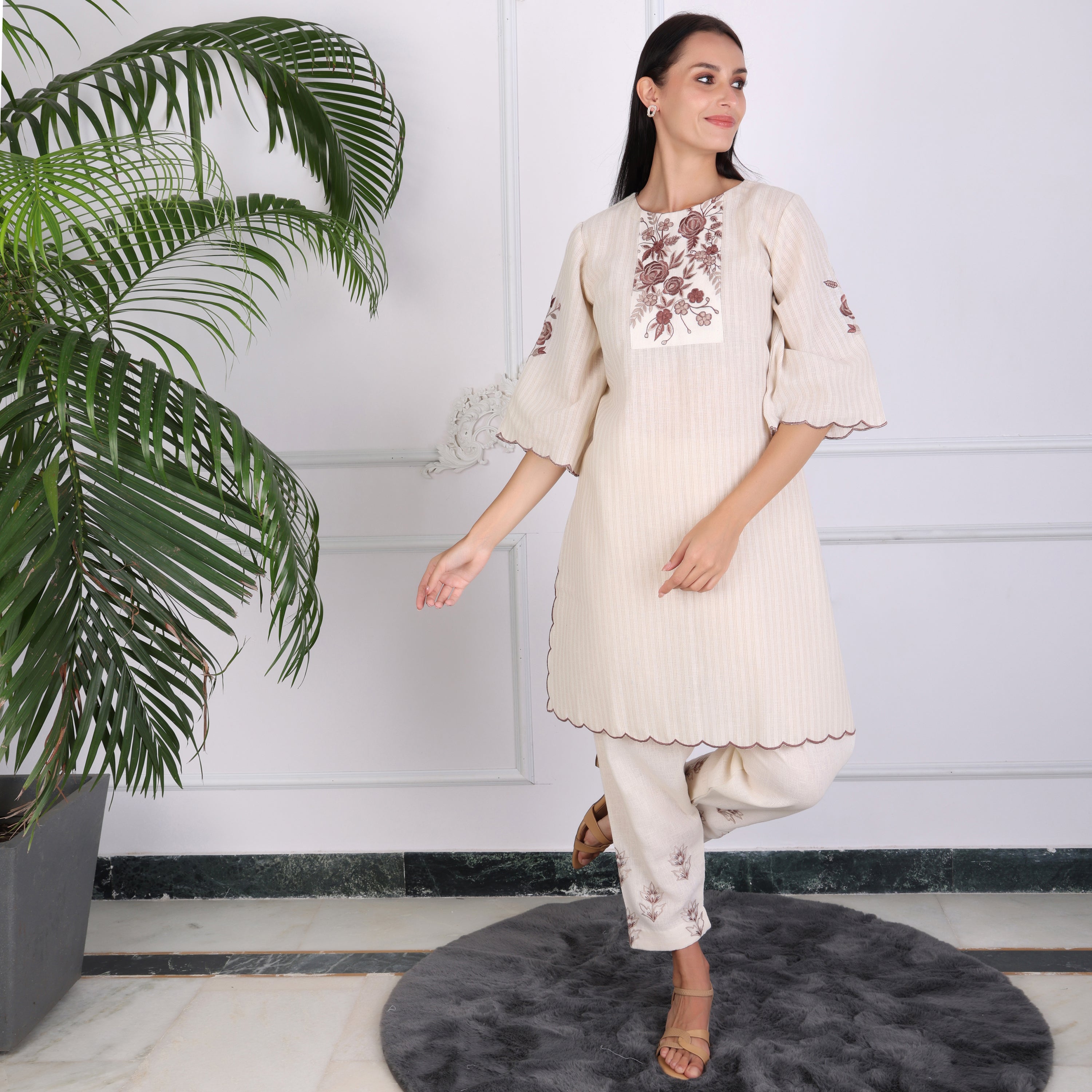 Elegant Beige Embroidered Kurta Set for Women
