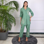 Elegant Leaf Embroidered Co-ord Set – Sage Green