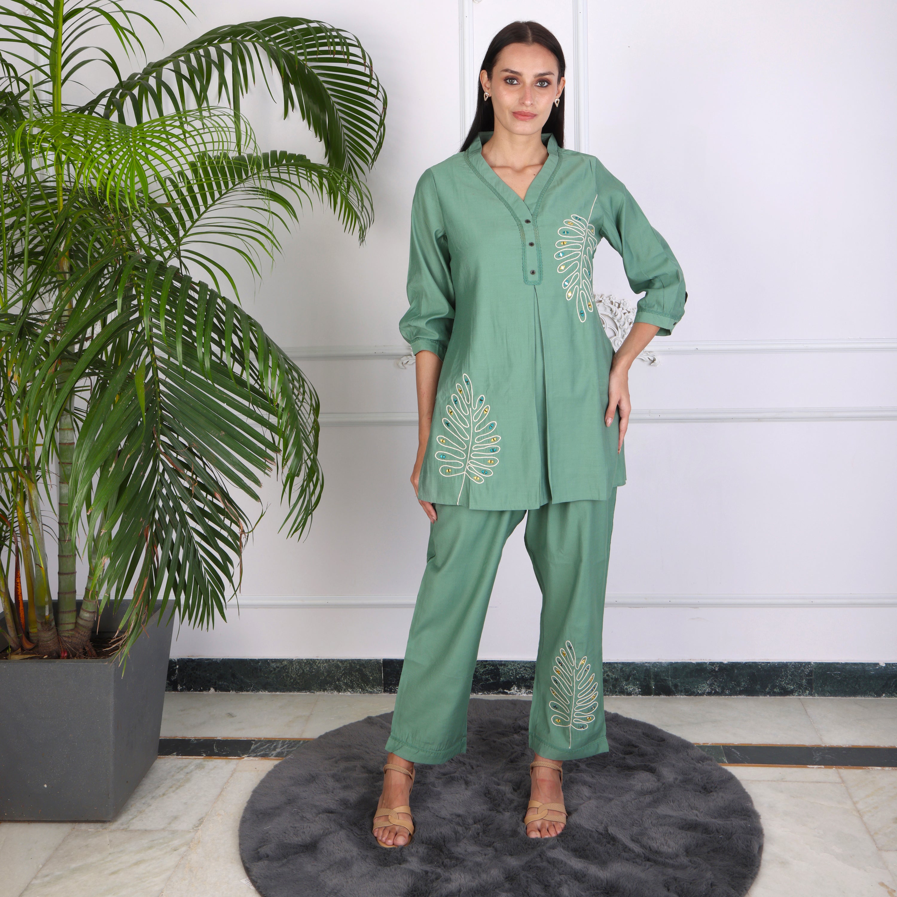 Elegant Leaf Embroidered Co-ord Set – Sage Green